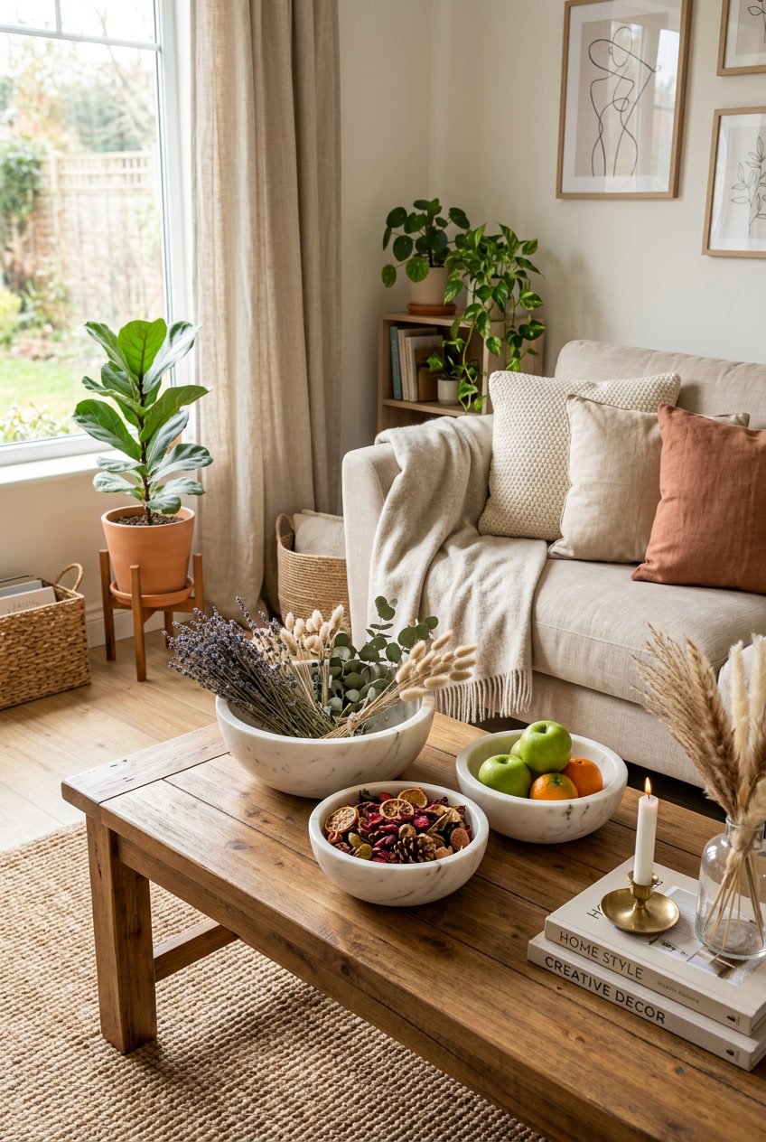 A living room with a wooden table displaying marble bowls filled with decorative items, surrounded by cushions, plants, and furniture.
