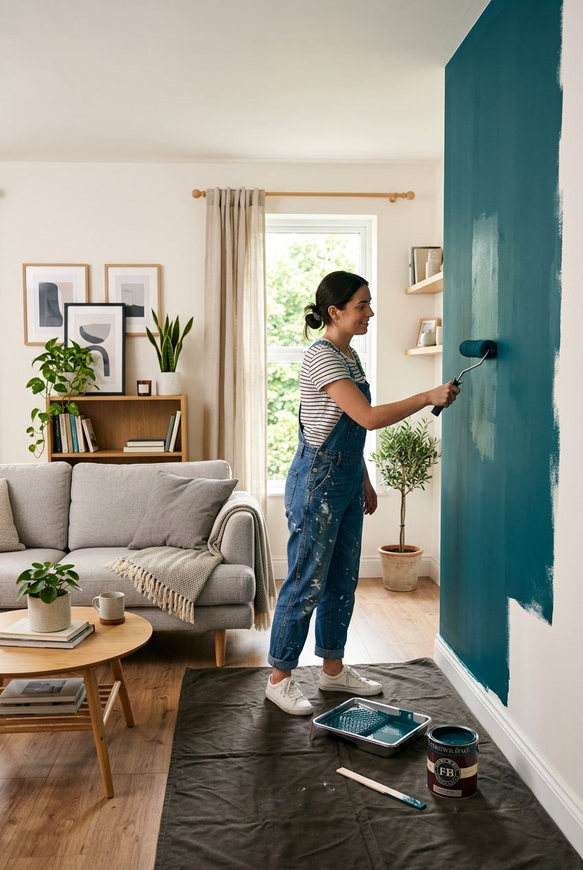 Person painting an accent wall in a living room with simple furniture and plants.