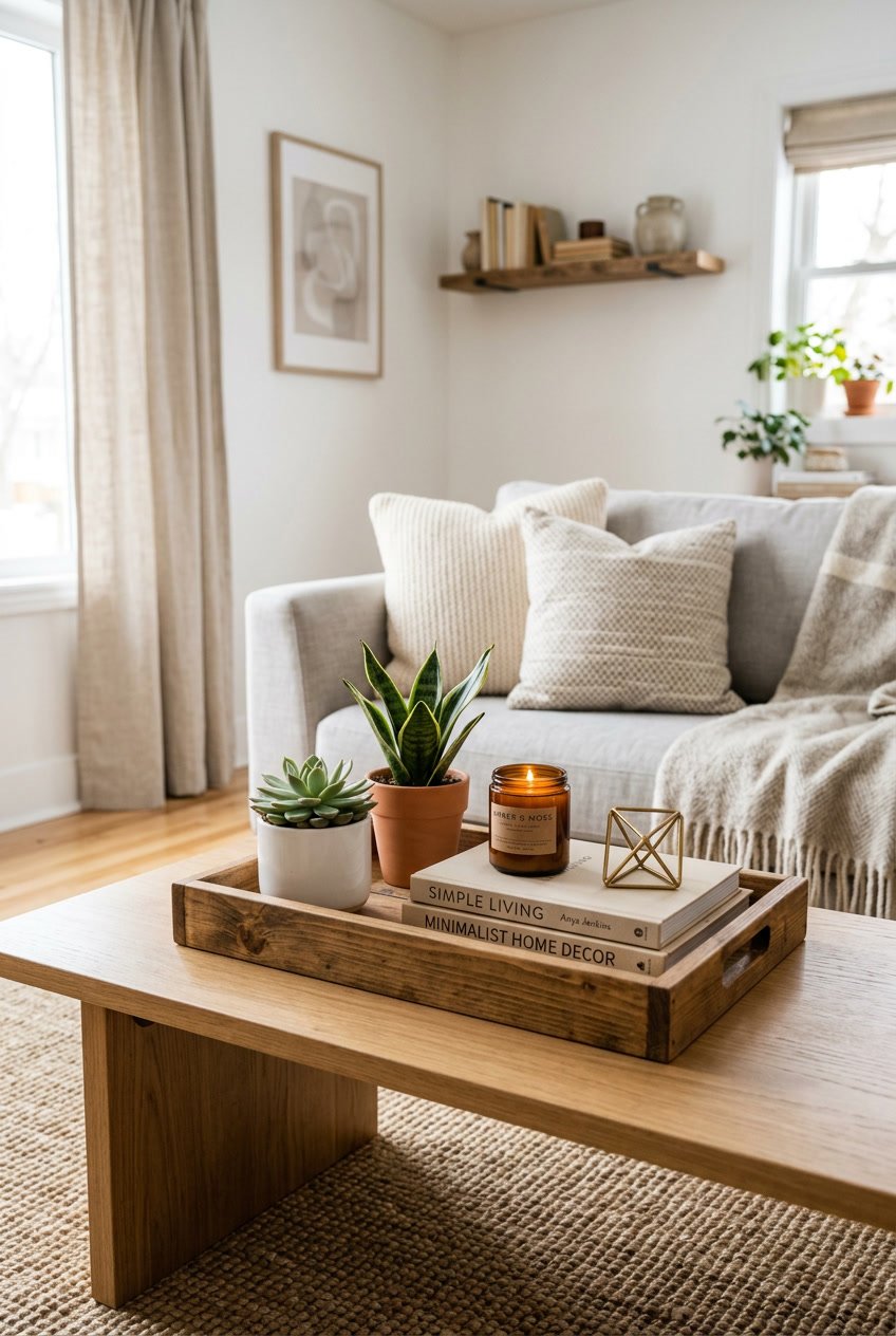 Wooden tray on a table holding plants, candles, and books in a cozy living room setting.