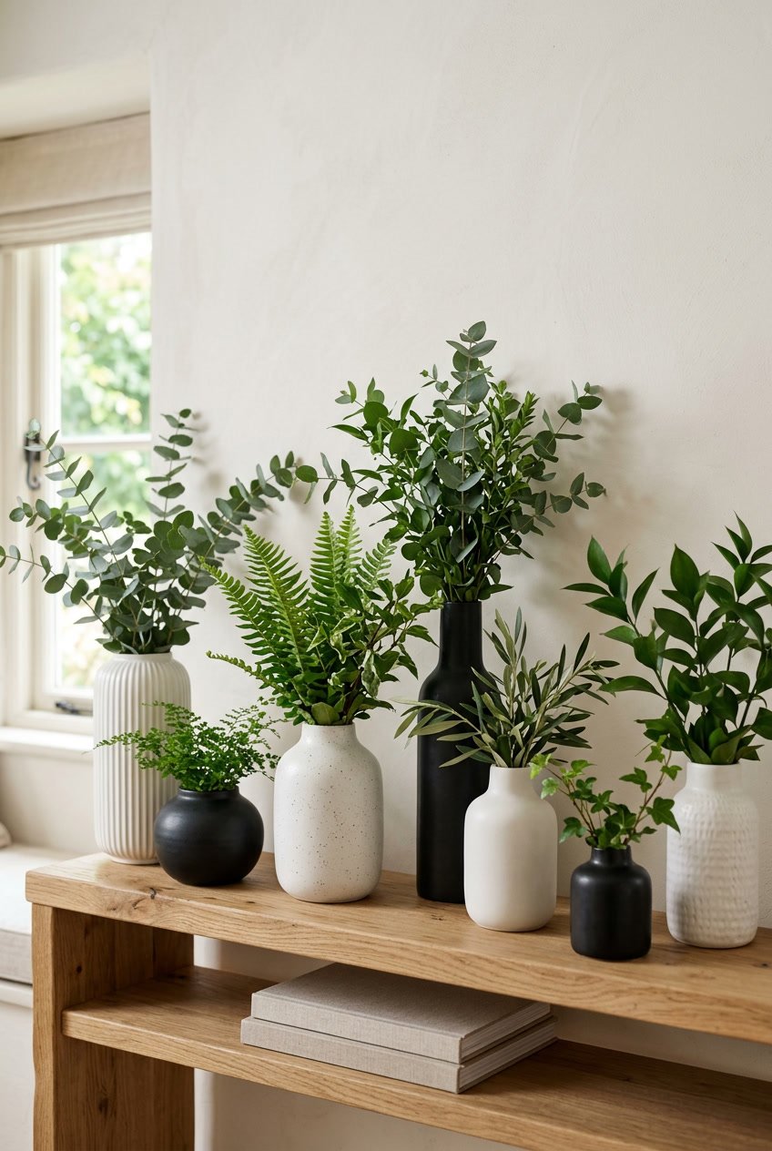 White and black vases filled with green plants arranged on a wooden surface in a bright room.