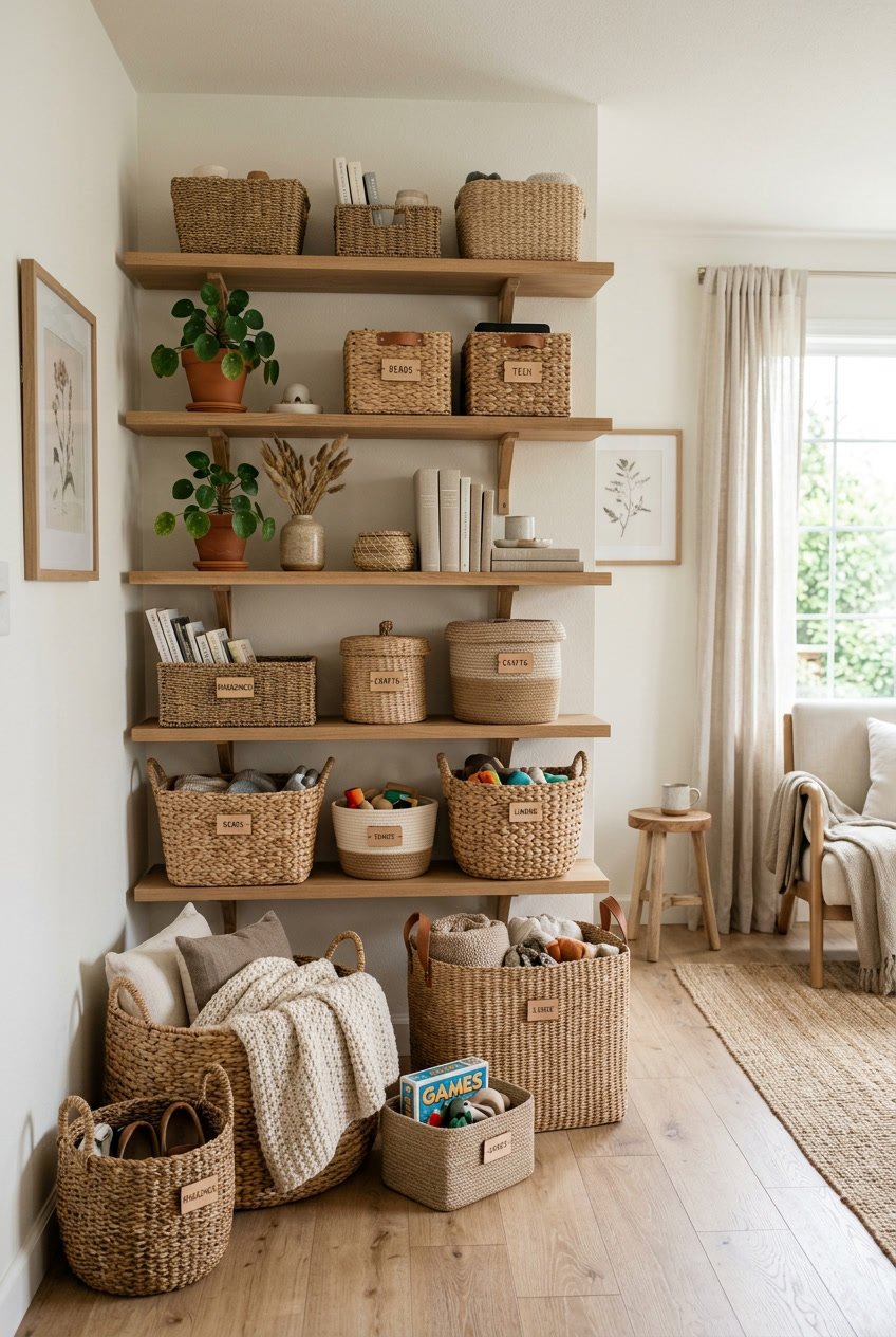 Living room corner with coordinating woven baskets on shelves and floor used to organize household items.