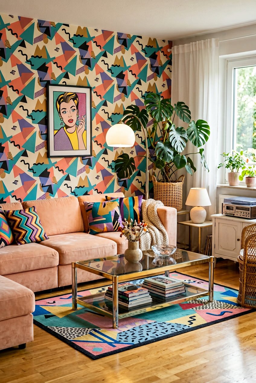 A cozy living room with a pastel sofa, patterned pillows, a glass coffee table, indoor plants, and colorful abstract wallpaper.