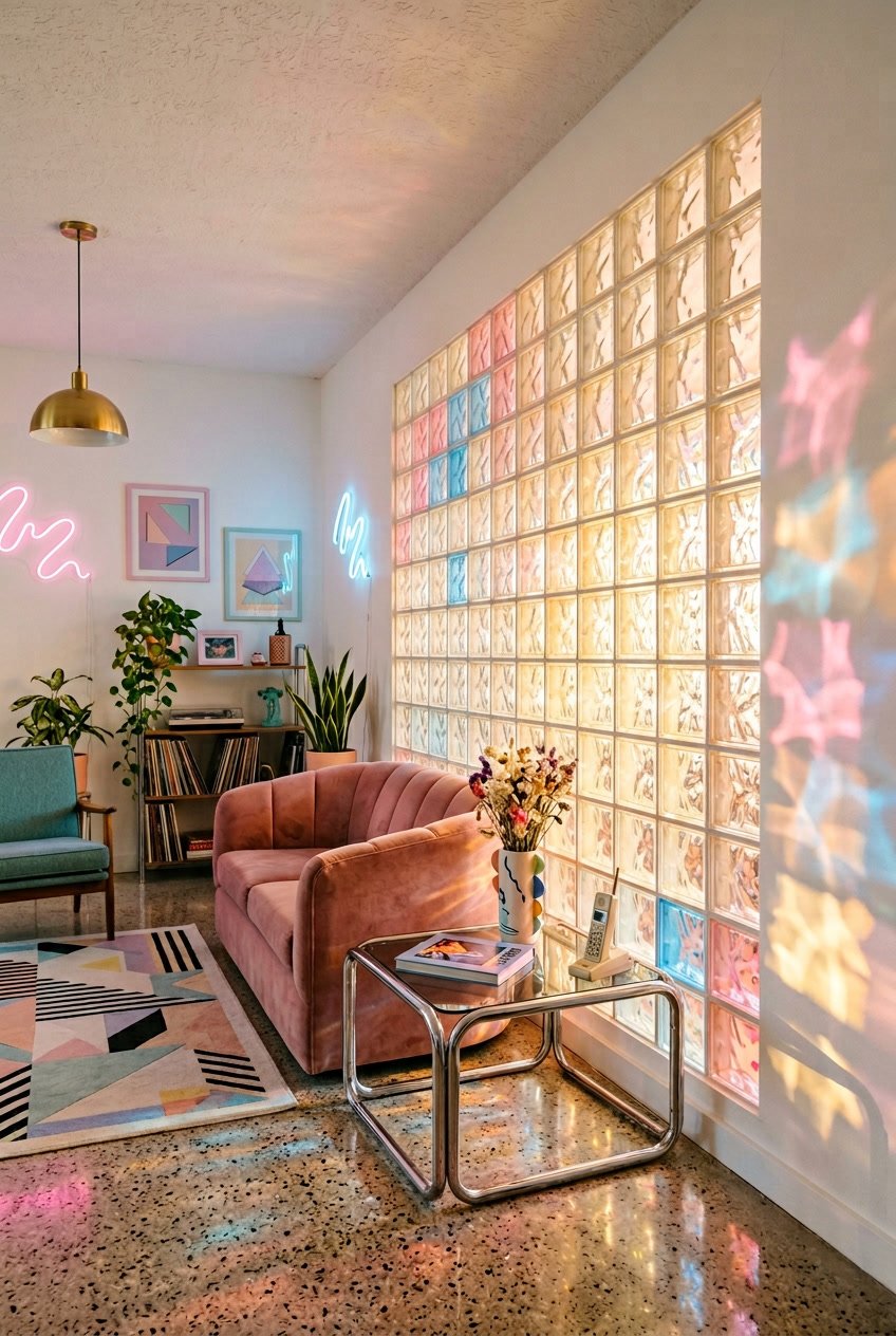 Interior room with glass block walls casting colorful light patterns and vintage furniture.