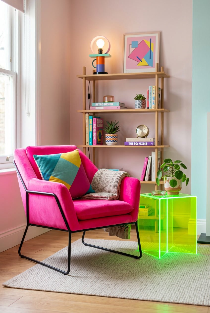 A living room corner with a neon pink armchair and a neon green side table, surrounded by a bookshelf and soft lighting.
