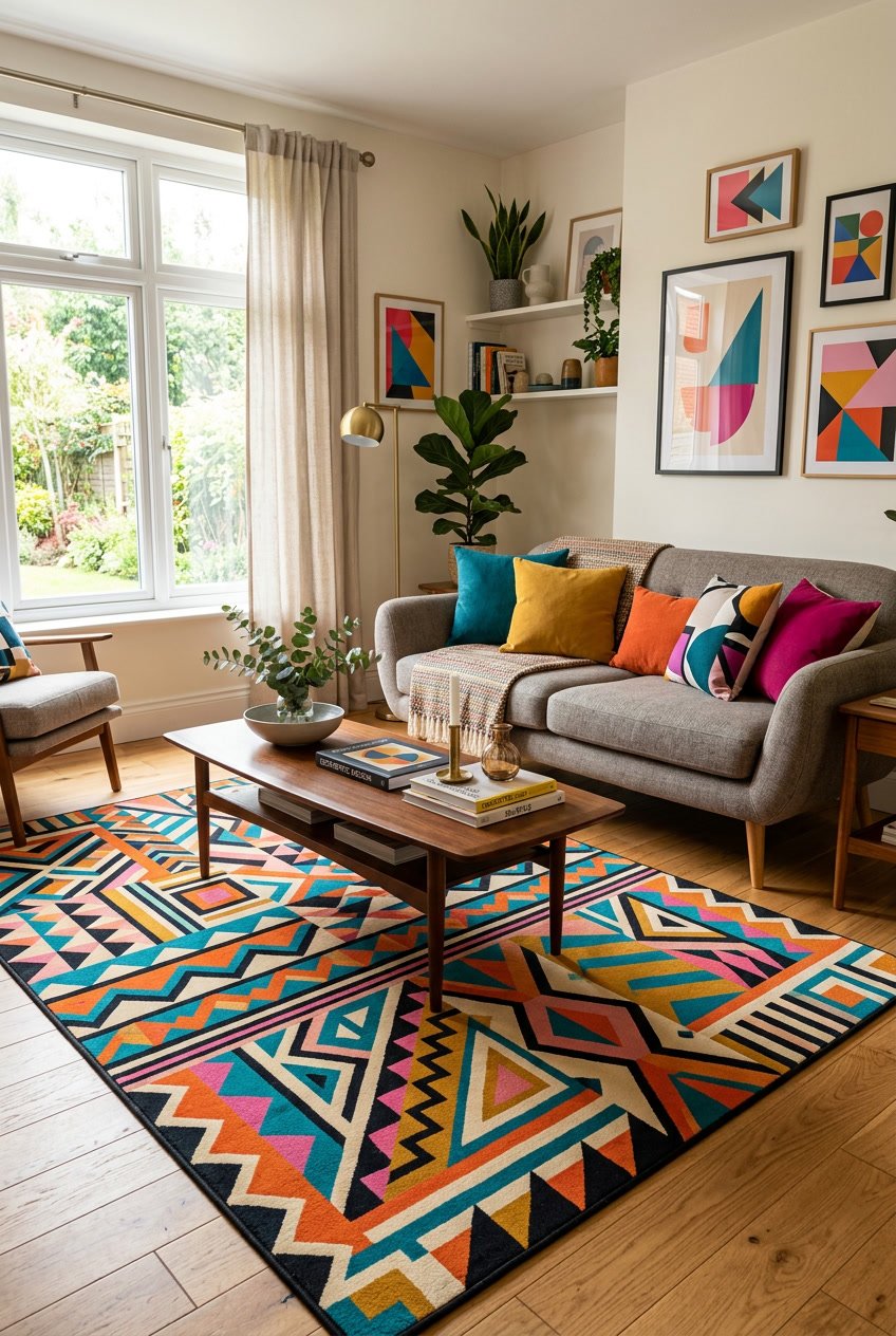 Living room with a sofa, coffee table, geometric patterned rugs on the wooden floor, and potted plants near a large window.