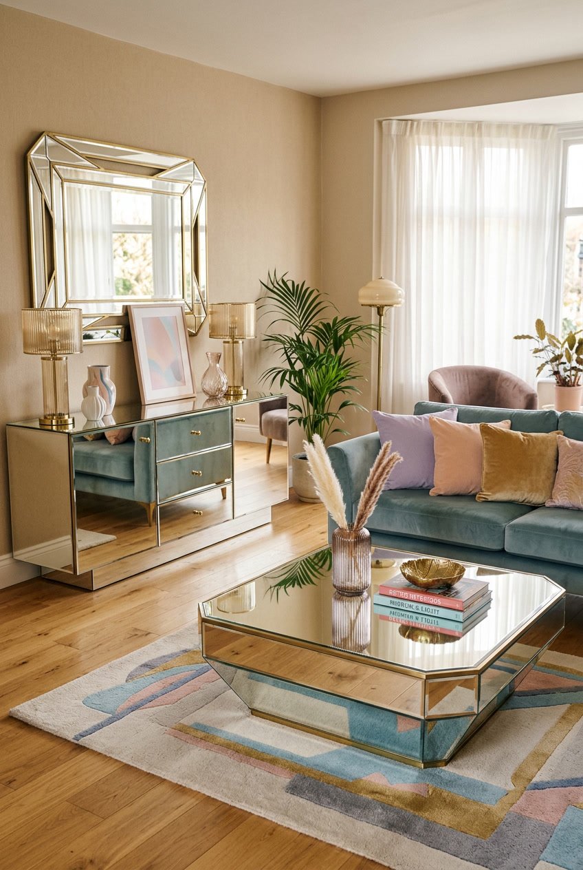 An interior room with mirrored furniture including a coffee table, sideboard, and wall mirror, decorated with cushions, a rug, and decorative objects.