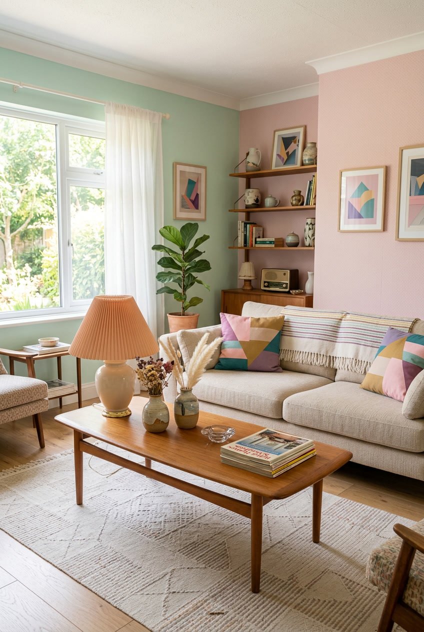 A cozy living room with pastel-colored walls, vintage furniture, decorative items, and houseplants.
