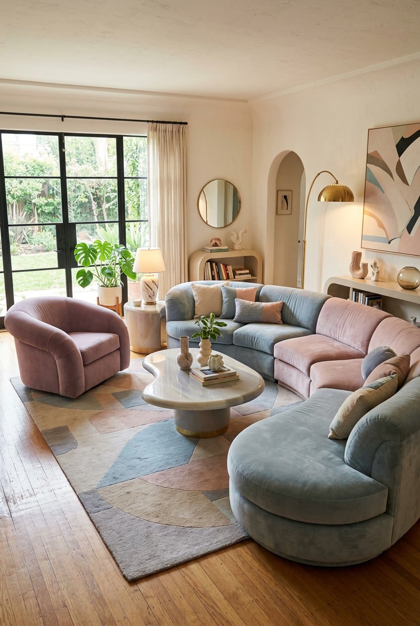 A living room with large curved sofa and armchair, a curved coffee table, geometric rug, and warm lighting.