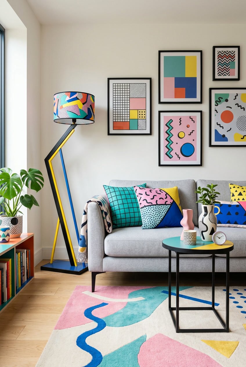 A bright living room corner with a sofa, patterned cushions, decorative vases, and a floor lamp arranged on a side table.