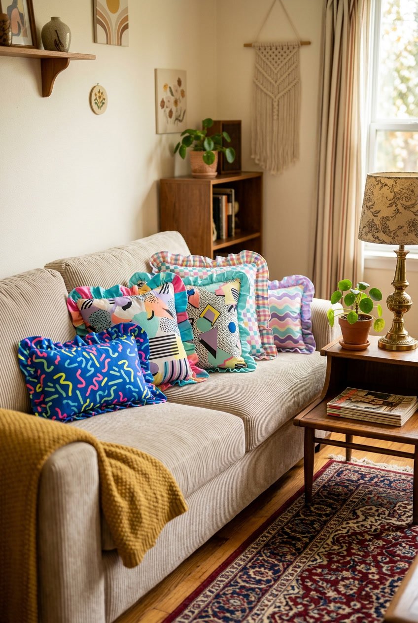A cozy living room corner with ruffled throw pillows on a sofa and a side table with a plant.
