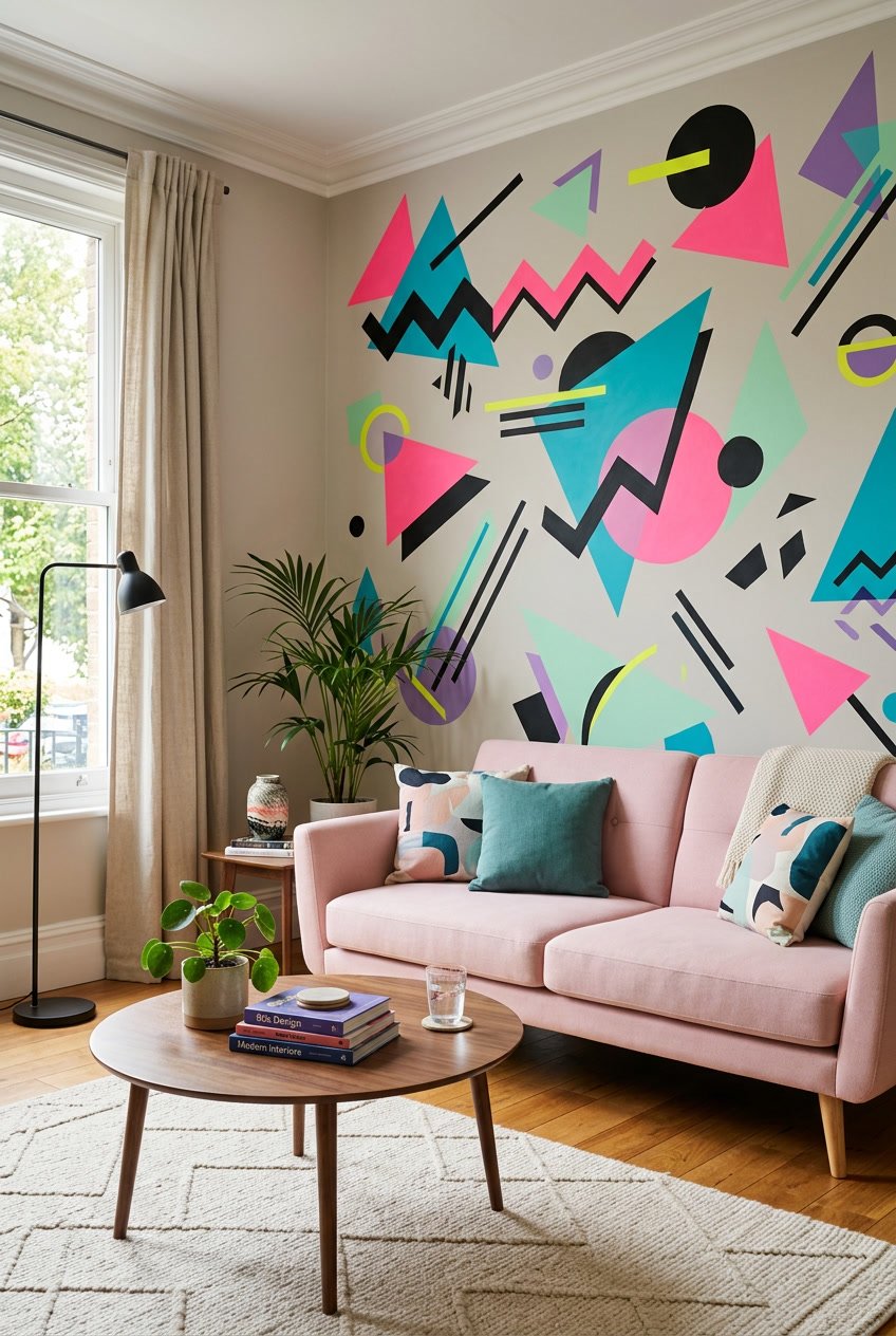 Living room corner with a colorful geometric wall art above a sofa and a coffee table with decorative items.